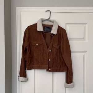 Refuge Brown cropped denim Jacket with fuzzy Collar
